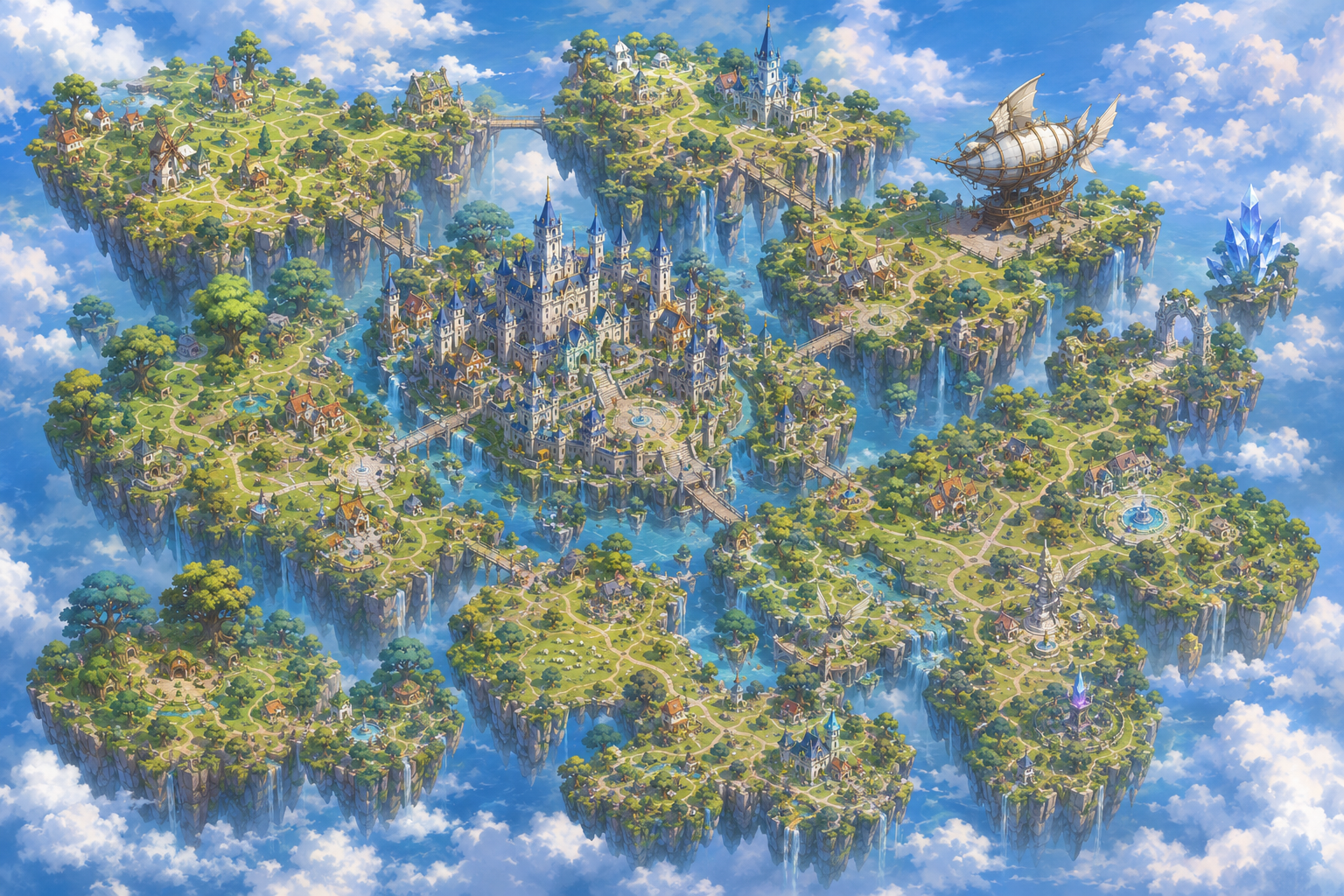 Dekorative Karte der schwebenden Insel Aerion mit Hauptstadt, Wald, Kristallklippen und Luftschiff